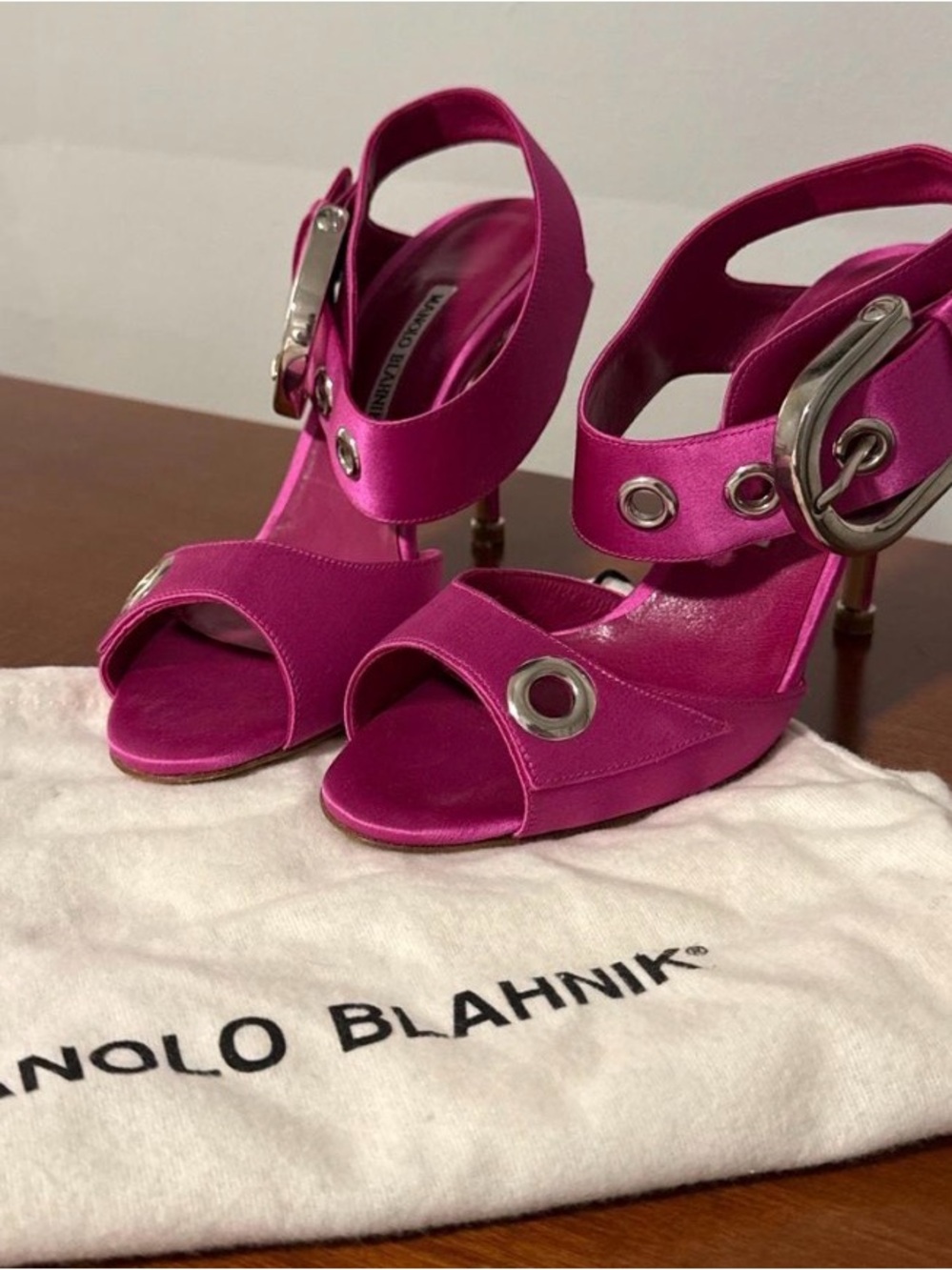 Manolo Blahnik Fuchsia Satin Grommet Slingback Heels